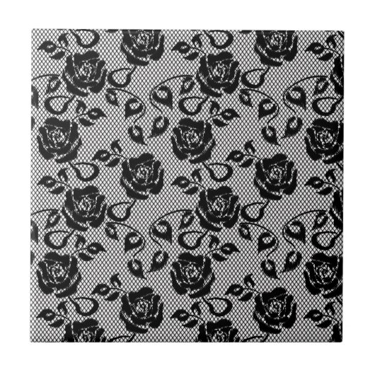 Schwarzes Spitzemuster auf weißem Hintergrund Fliese (Vorderseite)