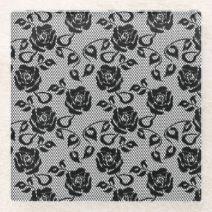 Schwarzes Spitzemuster auf weißem Hintergrund Glasuntersetzer