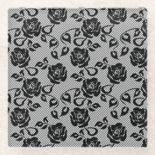 Schwarzes Spitzemuster auf weißem Hintergrund Glasuntersetzer (Vorderseite)