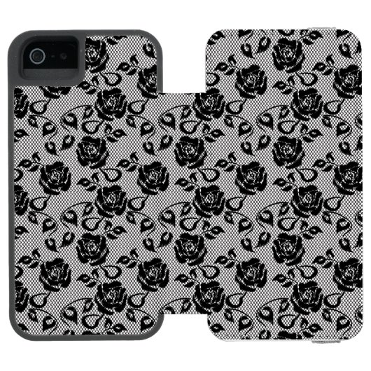 Schwarzes Spitzemuster auf weißem Hintergrund Incipio iPhone Geldbeutel-Hülle (Folio Geöffnet)