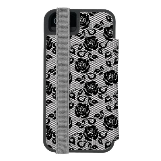Schwarzes Spitzemuster auf weißem Hintergrund Incipio iPhone Geldbeutel-Hülle (Folio Rückseite)