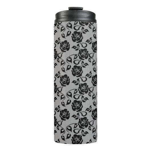 Schwarzes Spitzemuster auf weißem Hintergrund Thermosbecher (Vorderseite)