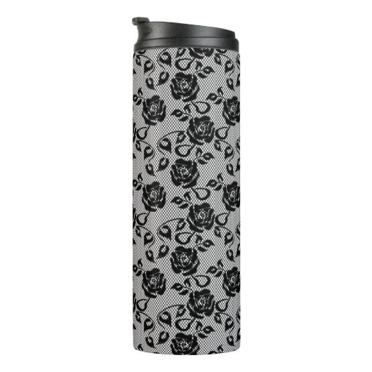 Schwarzes Spitzemuster auf weißem Hintergrund Thermosbecher (Nach rechts gedreht)