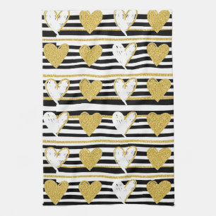 Schwarzes Streifen-Gold-Herz-Glamour-Muster (1) Geschirrtuch
