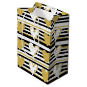 Schwarzes Streifen-Gold-Herz-Glamour-Muster (1) Mittlere Geschenktüte (Rückseite Schrägansicht)
