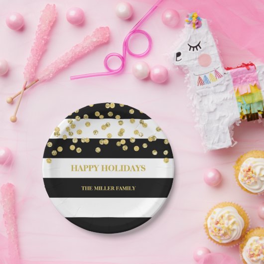 Schwarzes Stripes Goldconfetti-WeihnachtsTeller Pappteller (Party)
