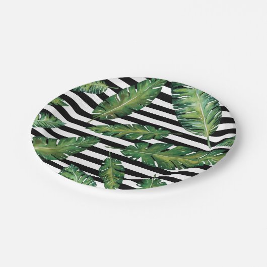 Schwarzes stripes tropisches Sommermuster des Pappteller (Schrägansicht)