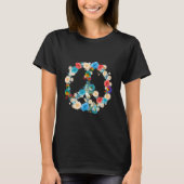 Schwarzes T-Shirt mit buntem Blüten-Peace-Zeichen (Vorderseite)
