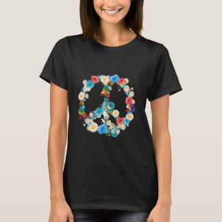 Schwarzes T-Shirt mit buntem Blüten-Peace-Zeichen
