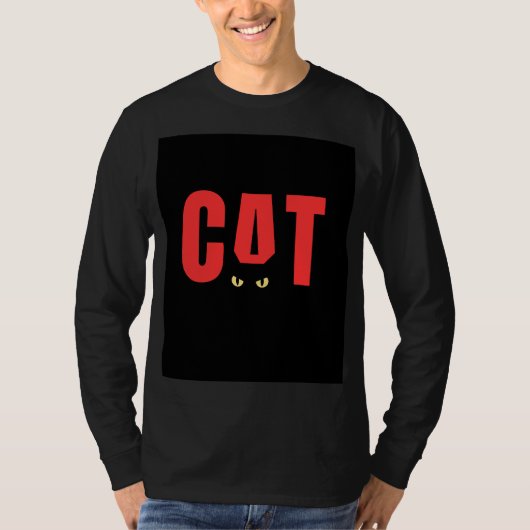 Schwarzes T-Shirt mit Katzen-Design und vollen Ärm (Vorderseite)