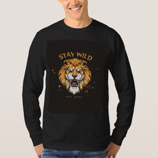 Schwarzes T-Shirt mit vollen Ärmeln und Löwengesic (Vorderseite)