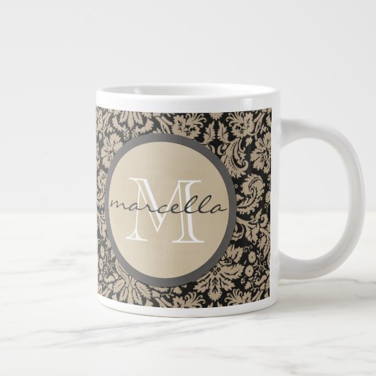 Schwarzes TAN-Damast-Monogramm Jumbo-Tasse (Rechts)