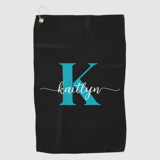 Schwarzes Teal-Monogramm Golfhandtuch (Vorderseite)