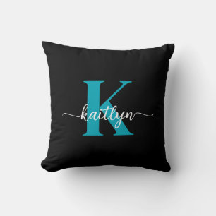 Schwarzes Teal-Monogramm Kissen