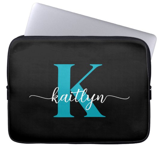 Schwarzes Teal-Monogramm Laptopschutzhülle (Vorderseite)