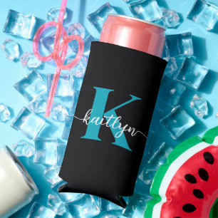 Schwarzes Teal-Monogramm Selters Dosenkühler