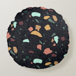 Schwarzes Terrazzo-Muster Rundes Kissen