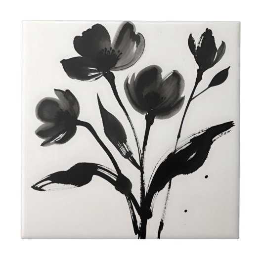 Schwarzes Tinten-Blumenbouquet Fliese (Vorderseite)