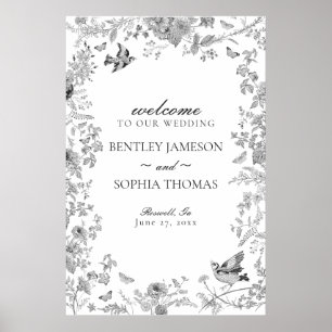 Schwarzes Toile De Jouy Blumenschwung Willkommenss Poster