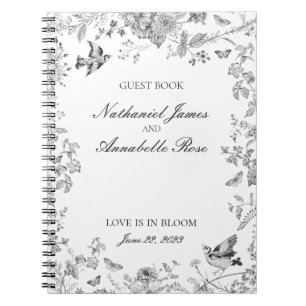 Schwarzes Toile De Jouy Blumiges Hochzeitsgästebuc Notizblock