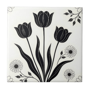 Schwarzes Tulpen-Silhouettenmuster Fliese