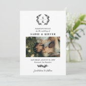 Schwarzes Typografie Laurel Wreath Monogram Foto Save The Date (Stehend Vorderseite)