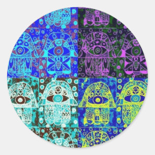 Schwarzes u. blaues Hamsa Runder Aufkleber