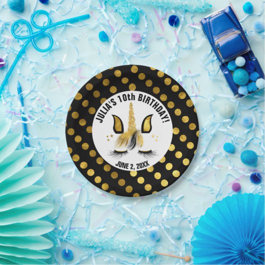 Schwarzes u. GoldEinhorn Pappteller (Party)