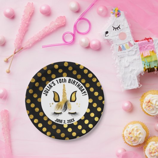 Schwarzes u. GoldEinhorn Pappteller (Party)