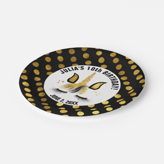 Schwarzes u. GoldEinhorn Pappteller (Schrägansicht)