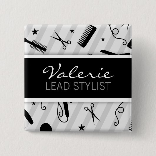 Schwarzes u. graues Haar-Salon-Namen-Abzeichen Button (Vorderseite)