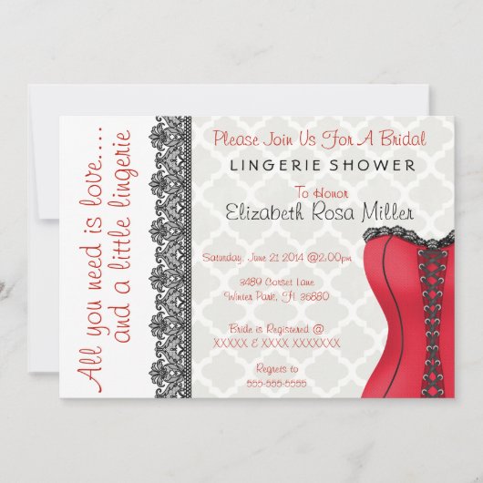 Schwarzes u. rotes Korsett-Wäsche-Brautparty laden Einladung (Vorderseite)