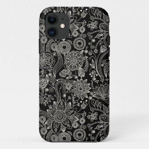 Schwarzes u. weißes Blumendamast-Muster iPhone 11 Hülle
