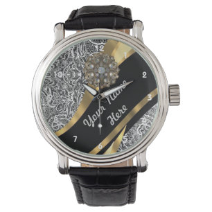 Schwarzes u. weißes Blumendamastmuster Armbanduhr