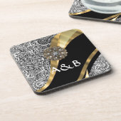 Schwarzes u. weißes Blumendamastmuster Getränkeuntersetzer (Linke Seite)