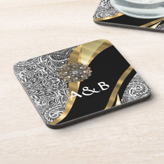 Schwarzes u. weißes Blumendamastmuster Getränkeuntersetzer (Linke Seite)