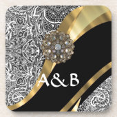 Schwarzes u. weißes Blumendamastmuster Getränkeuntersetzer (Vorderseite)