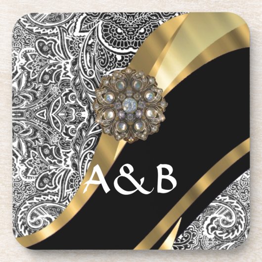 Schwarzes u. weißes Blumendamastmuster Getränkeuntersetzer (Vorderseite)