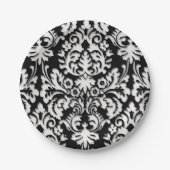 Schwarzes u. weißes Damast-Muster Pappteller (Vorderseite)