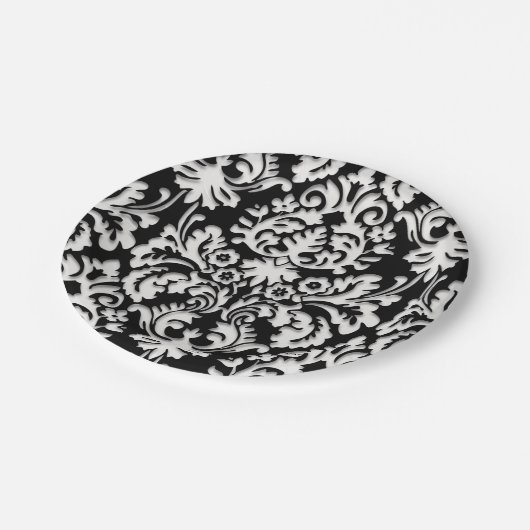 Schwarzes u. weißes Damast-Muster Pappteller (Schrägansicht)