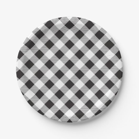 Schwarzes u. weißes Gingham-Muster, Picknick, Pappteller (Vorderseite)
