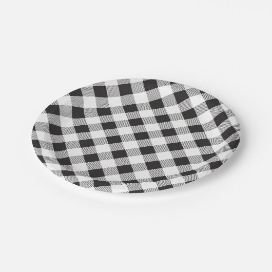 Schwarzes u. weißes Gingham-Muster, Picknick, Pappteller (Schrägansicht)