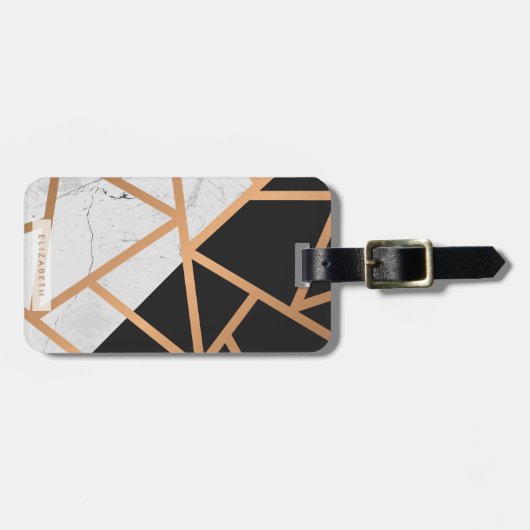 Schwarzes u. weißes goldenes Marmormosaik Gepäckanhänger (Vorderseite horizontal)