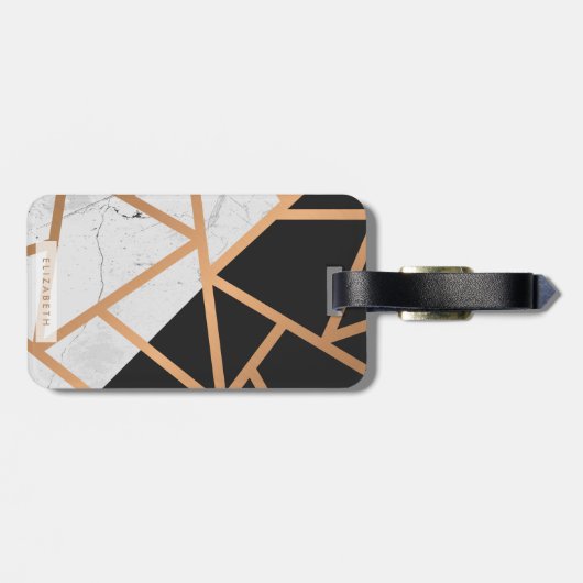 Schwarzes u. weißes goldenes Marmormosaik Gepäckanhänger (Rückseite horizontal)