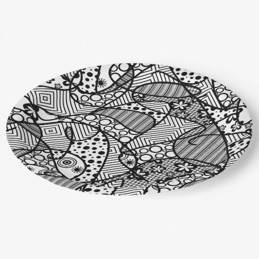 Schwarzes u. weißes Muster-Patchwork 04 Pappteller (Schrägansicht)