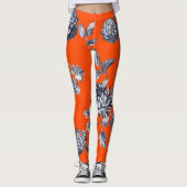 Schwarzes u. weißes orange botanisches BlumenToile Leggings (Vorderseite)