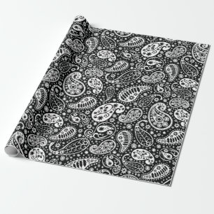 Schwarzes u. weißes Paisley mit Blumen Geschenkpapier
