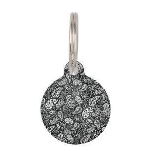 Schwarzes u. weißes Paisley mit Blumen Tiernamensmarke