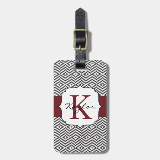 Schwarzes u. weißes Wirbel Marsala Monogramm Gepäckanhänger (Vorderseite vertikal)