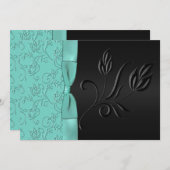 Schwarzes und Aqua laden Blumen-IMITAT Einladung (Vorne/Hinten)